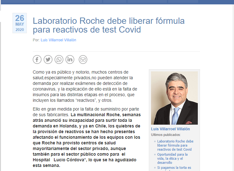 Laboratorio Roche debe liberar fórmula para reactivos de test Covid